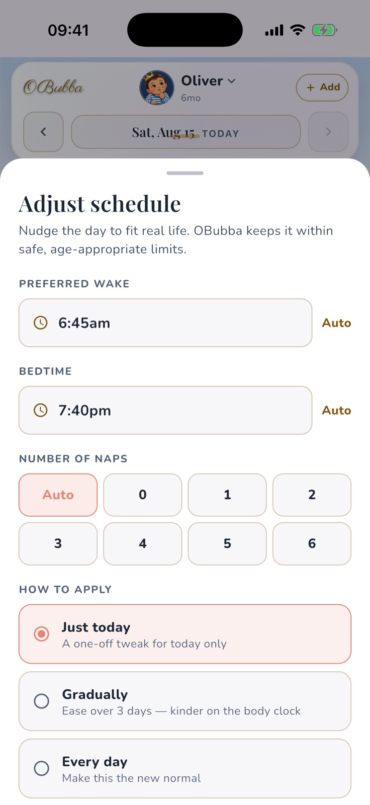 The genuine current OBubba Adjust schedule sheet showing preferred wake, bedtime, nap count and Just today, Gradually and Every day choices.