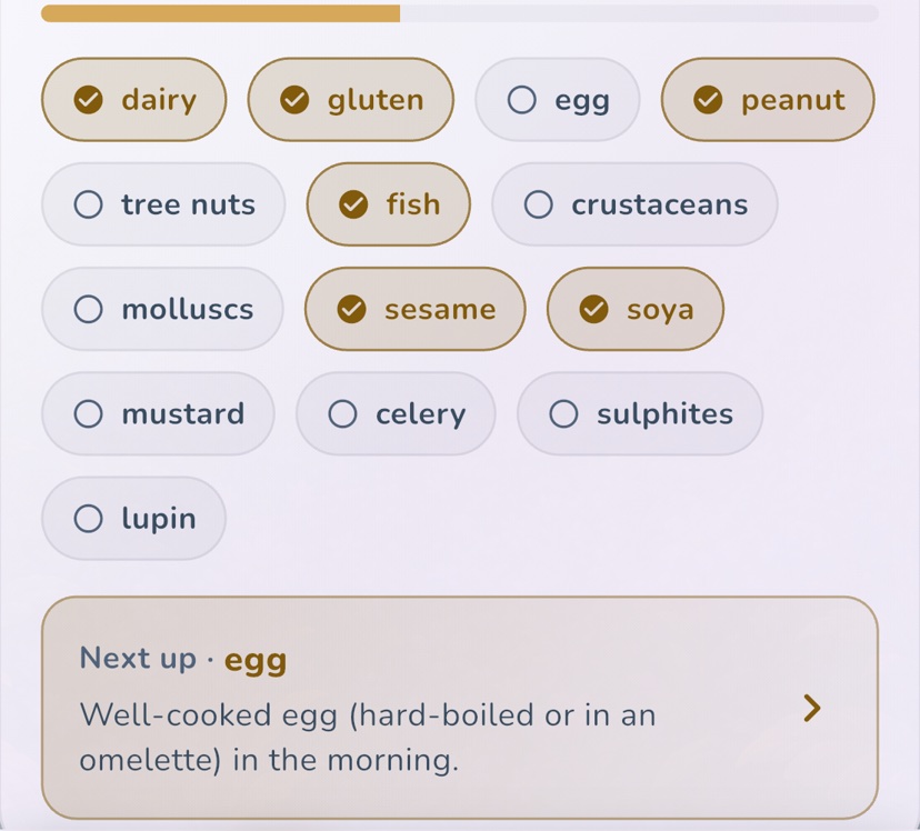 The genuine current OBubba Allergen Journey showing the major allergen groups.