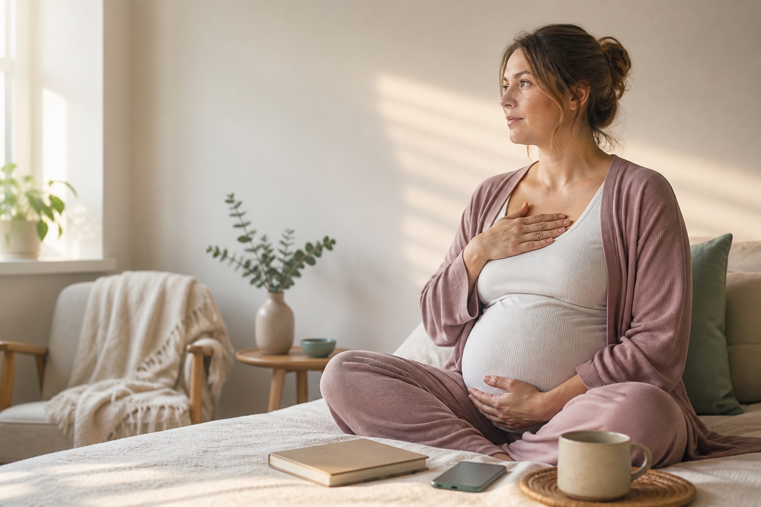 A quiet pause for a pregnant parent deciding whether worry needs professional support.