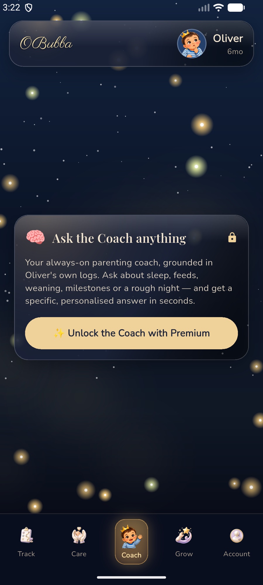 OBubba app screenshot: the Bubba Coach tab, 'Ask the Coach anything' — an AI parenting coach grounded in the baby's own logs — with the five-tab navigation Track, Care, Coach, Grow and Account. This is the OBubba baby app.