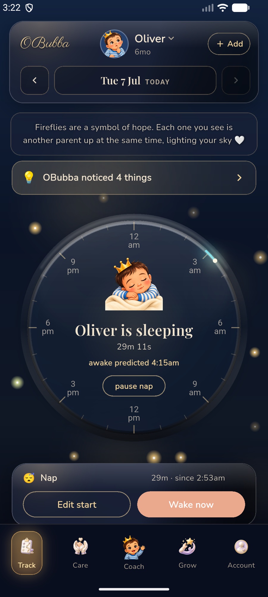 OBubba app screenshot: the circular 24-hour baby sleep clock showing the star baby mascot in the centre, 'Oliver is sleeping', an 'awake predicted 4:15am' time, an elapsed nap timer, the 'pause nap', 'Edit start' and 'Wake now' buttons, golden fireflies, and the five-tab navigation Track, Care, Coach, Grow and Account. This is OBubba, not Napper.