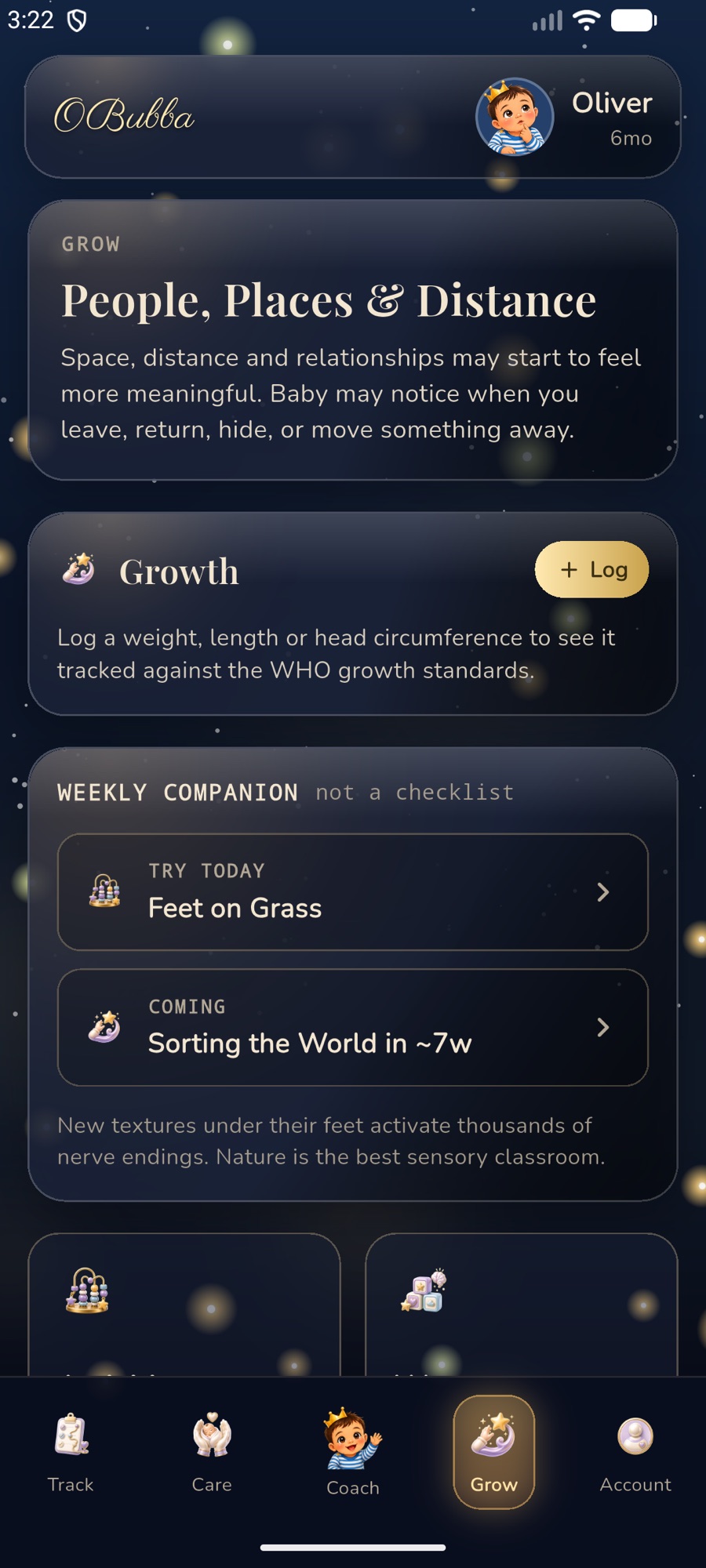 OBubba app screenshot: the Grow tab showing the current developmental leap 'People, Places & Distance', WHO growth-standard tracking, and Weekly Companion developmental activities, with the five-tab navigation Track, Care, Coach, Grow and Account. This is the OBubba baby app.