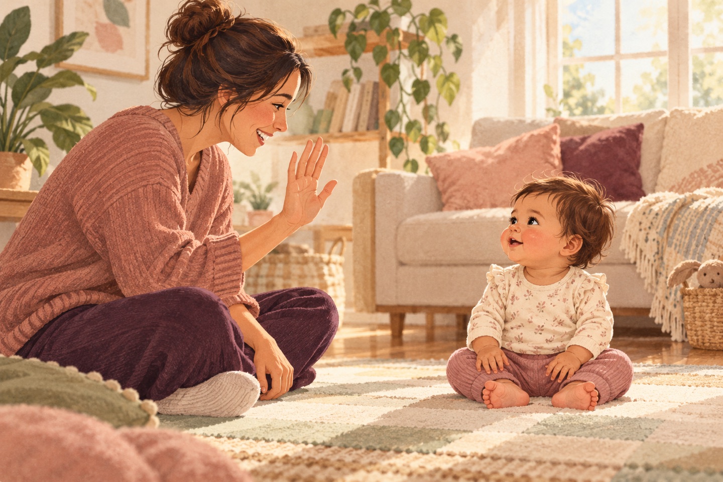 A parent sitting at a baby's eye level gently waves while the alert baby watches from a floor mat.
