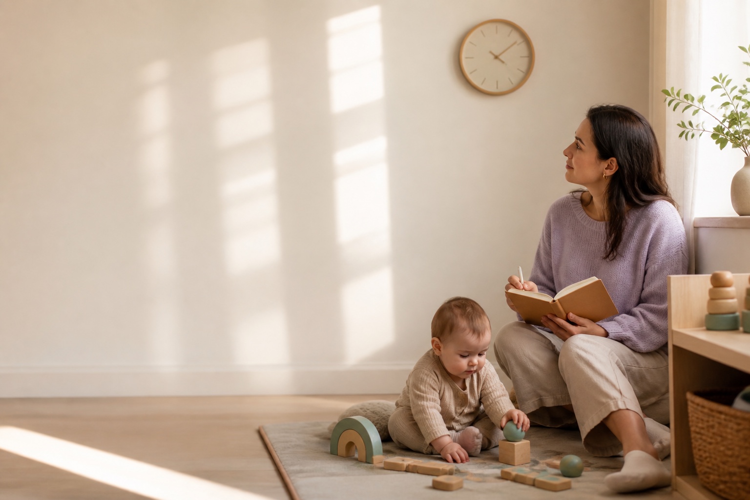 A parent records the shape of the day while their baby plays, illustrating a calm and flexible approach to nap patterns.