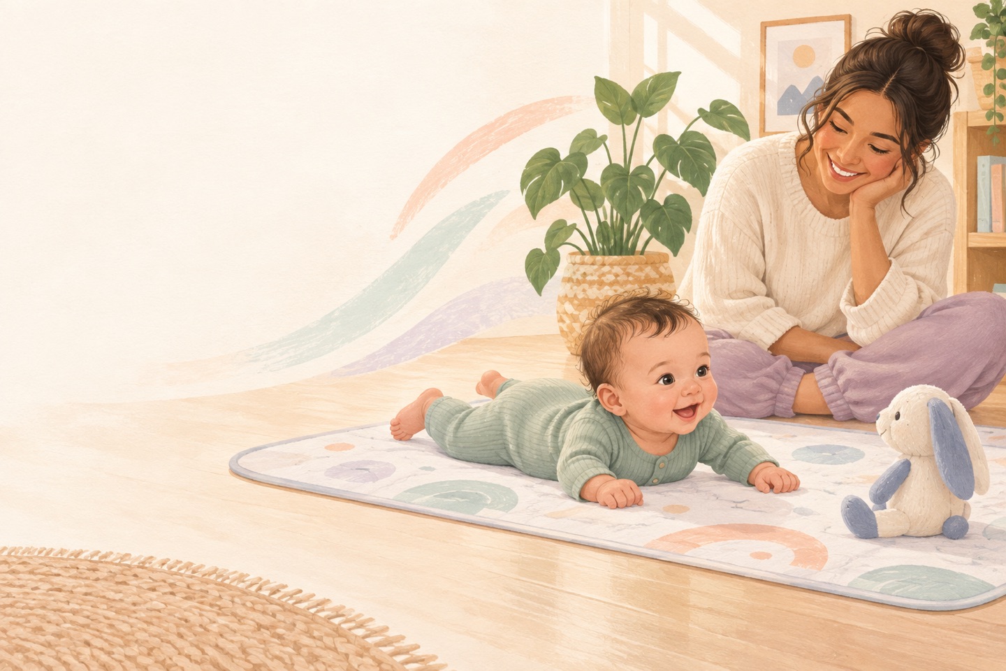 An awake baby enjoying supervised tummy-time on a clear floor mat, with a parent nearby and a toy to one side.