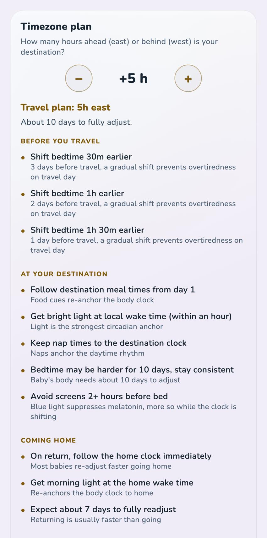 Current OBubba Timezone plan showing fictional example settings for a five-hour eastward trip