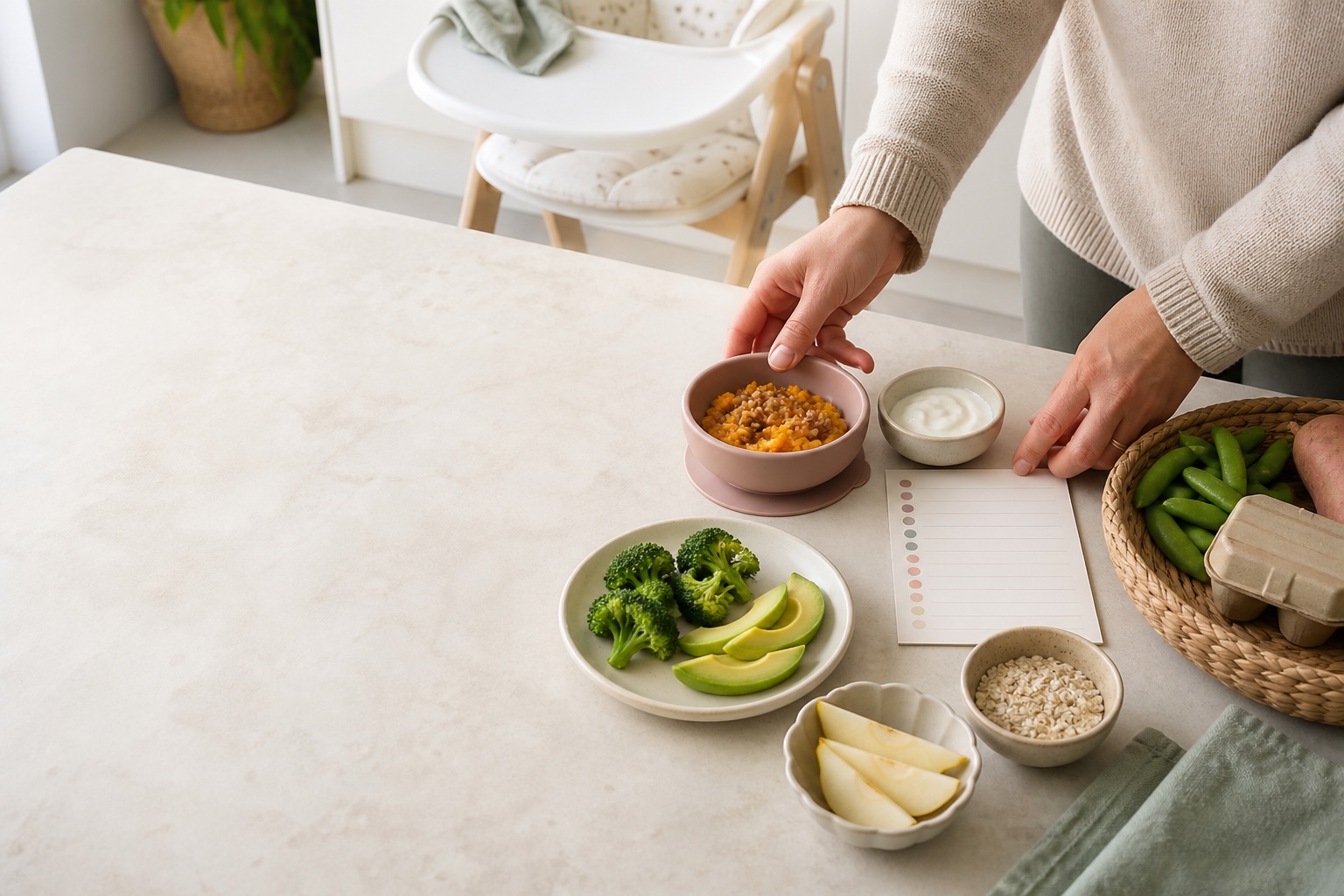 A flexible weaning-planning illustration for families choosing safe textures, iron-rich foods and familiar favourites.