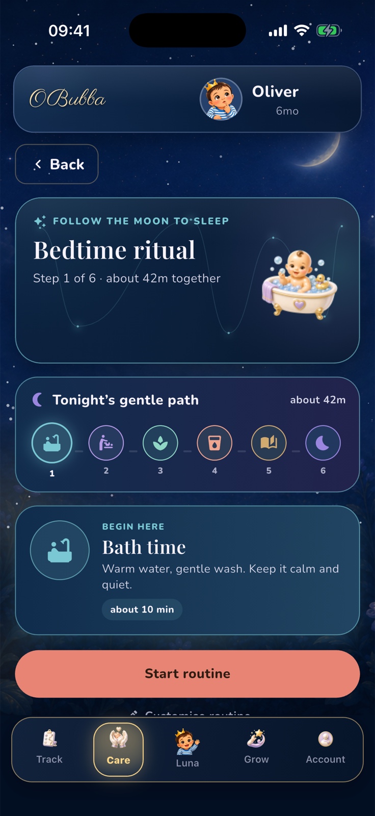 The current OBubba Bedtime ritual showing a six-step, 42-minute evening path, the current Bath time step and a Start routine button.