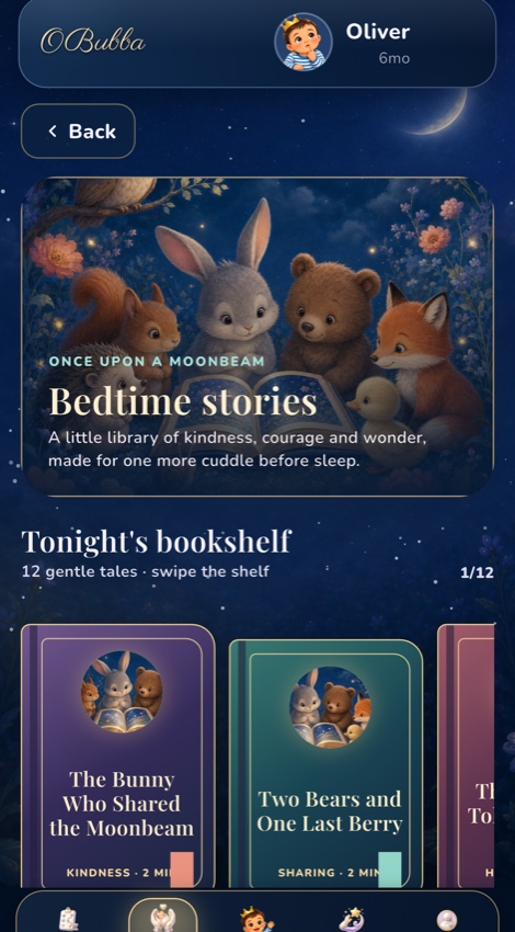 OBubba’s current Flutter Bedtime Stories library showing an illustrated bookshelf, short original stories and values for a fictional example baby.