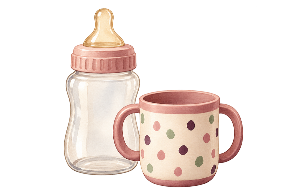 Illustration of a small open cup beside an empty baby bottle, representing a gentle move from bottle to cup