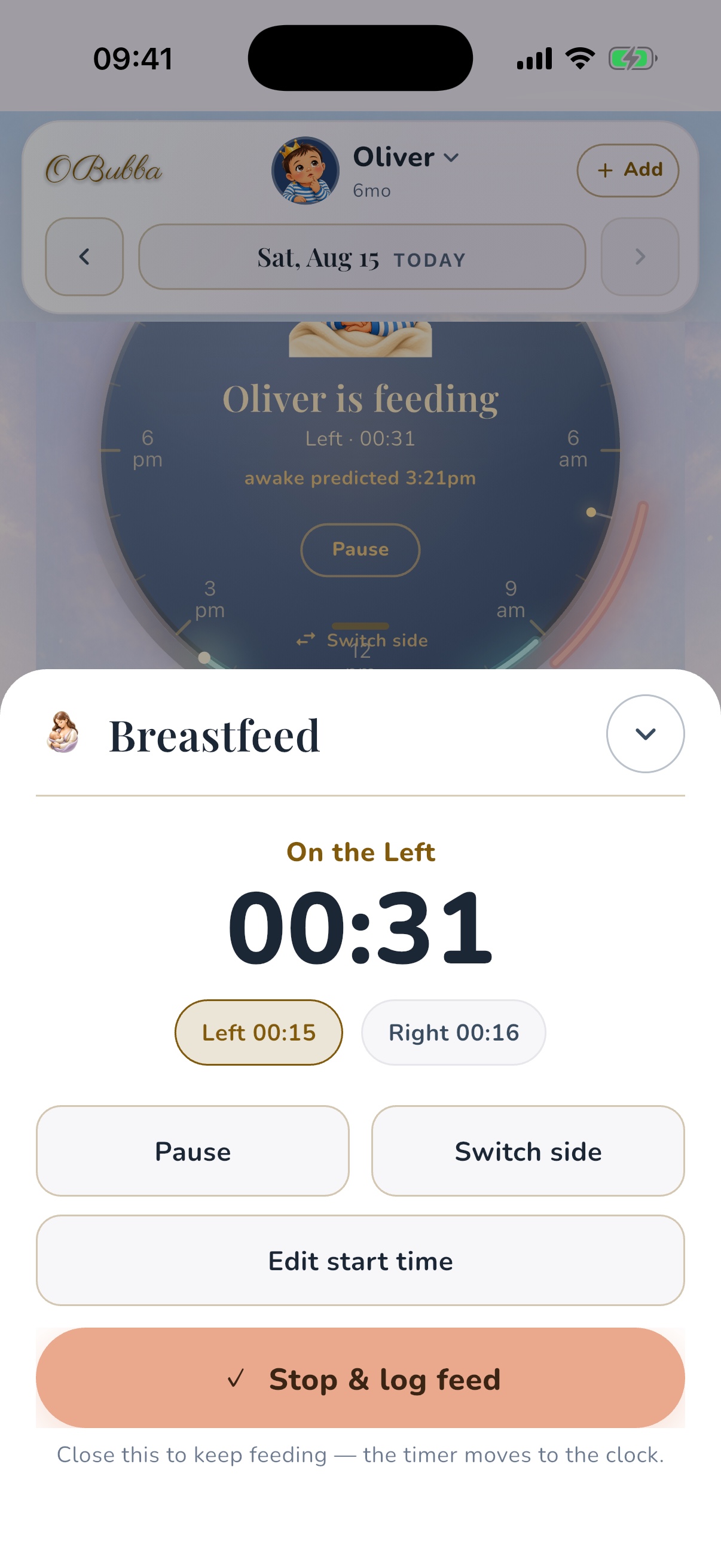 OBubba's current breastfeeding timer separates left and right, supports pause, switching side and editing the start time, and keeps the stop-and-save action distinct.