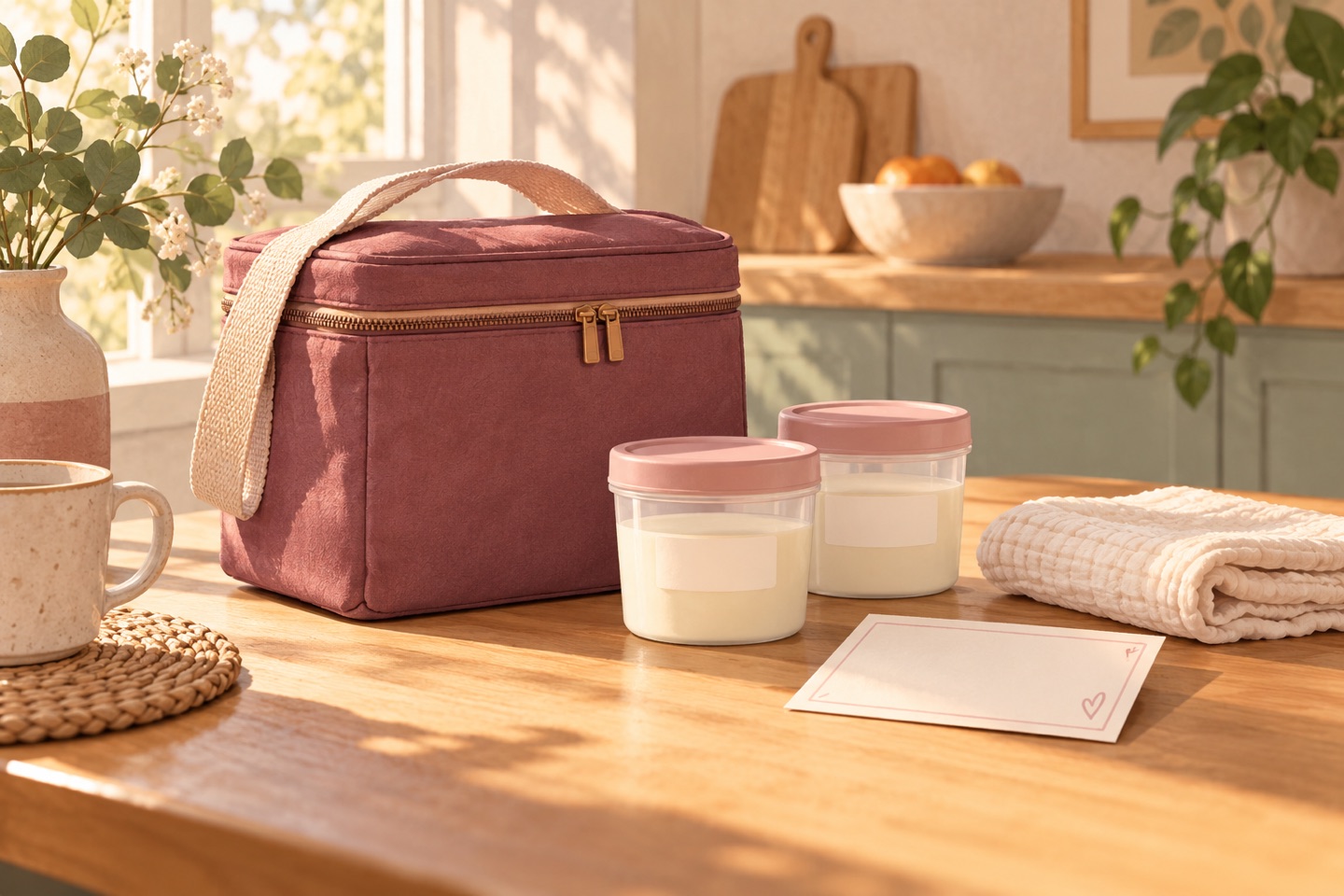 An insulated cool bag, two sealed milk containers with blank labels and a blank handover card on a sunny kitchen table.