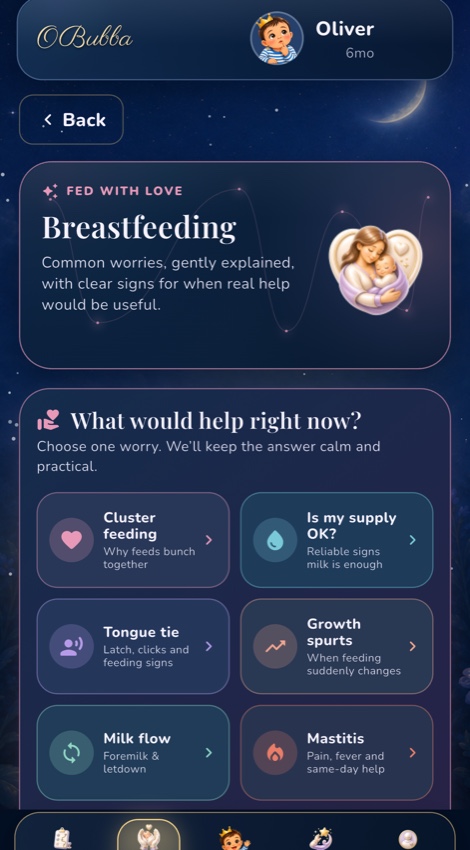 The genuine OBubba Breastfeeding screen, with calm support topics and a mastitis route.