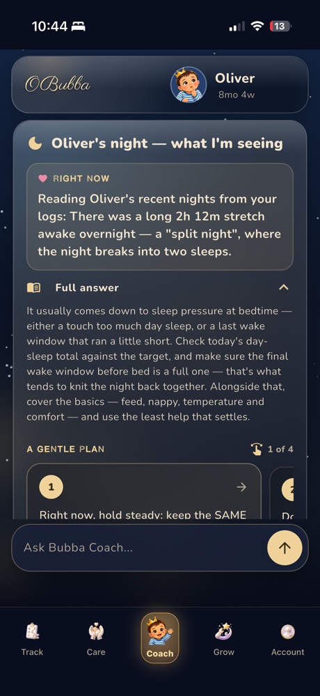 OBubba Bubba Coach reviewing a night from the baby's logged moments and offering gentle guidance