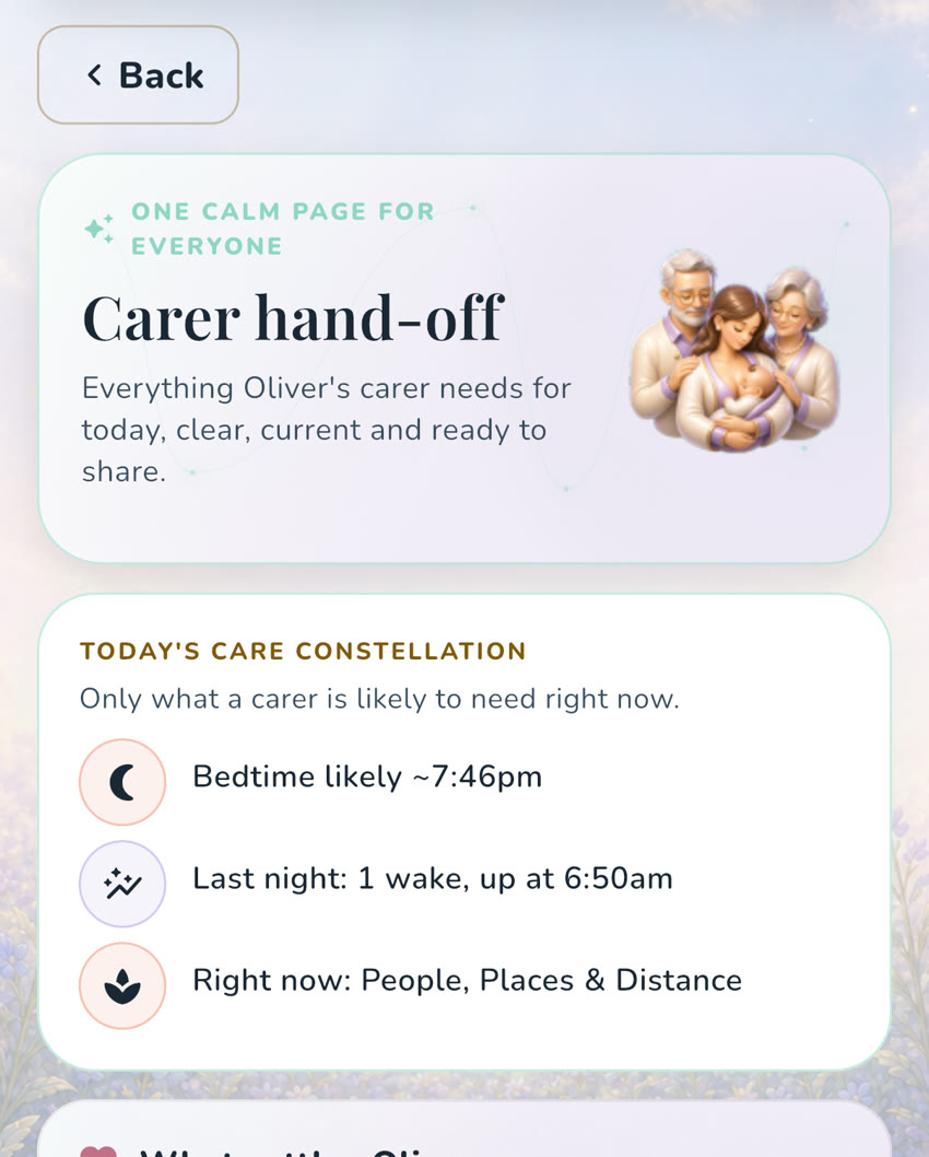 The real OBubba Carer hand-off showing today's likely timing, recent context and a concise care summary.