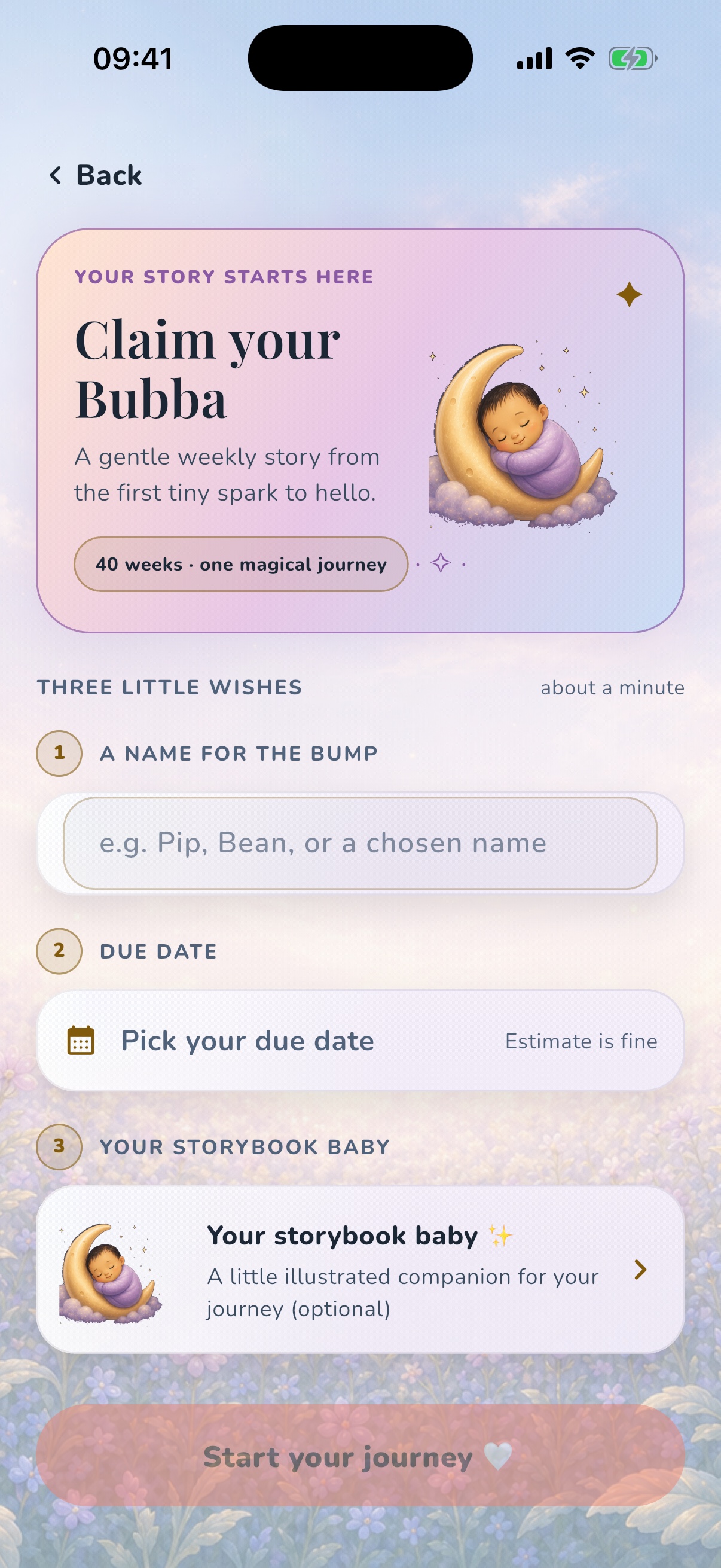 Official OBubba screenshot showing the pregnancy profile setup with a bump name and due-date context.