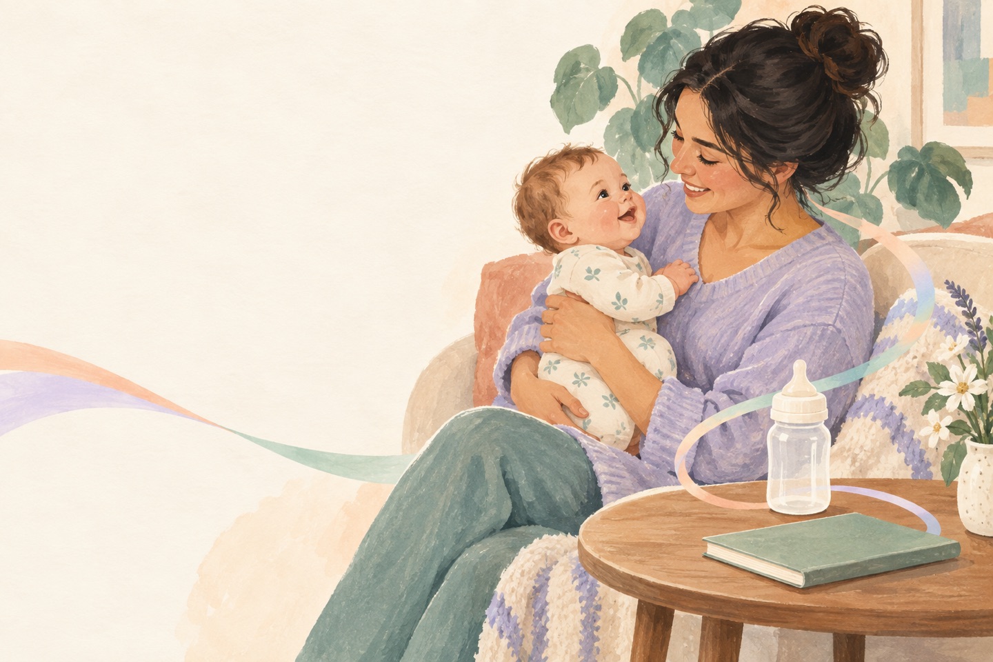 A parent safely holds an awake baby beside an empty bottle and a closed notebook, illustrating one calm record for breast and bottle feeds.