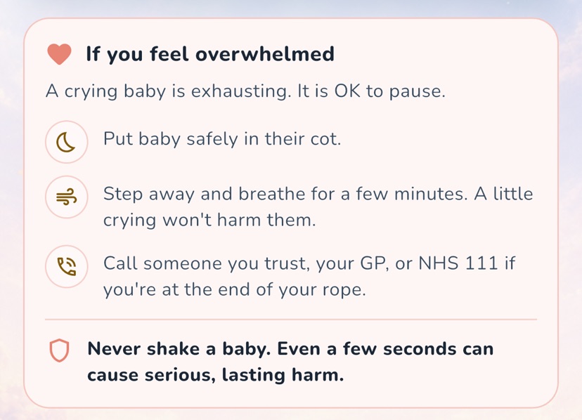 The real OBubba Crying Helper safety card showing a parent how to put baby safely in the cot, step away briefly, call for support and never shake a baby