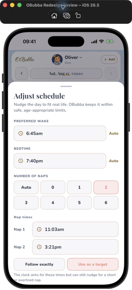 The genuine OBubba Adjust schedule sheet with two naps selected, individual start times and the Follow exactly or Use as a target choice.