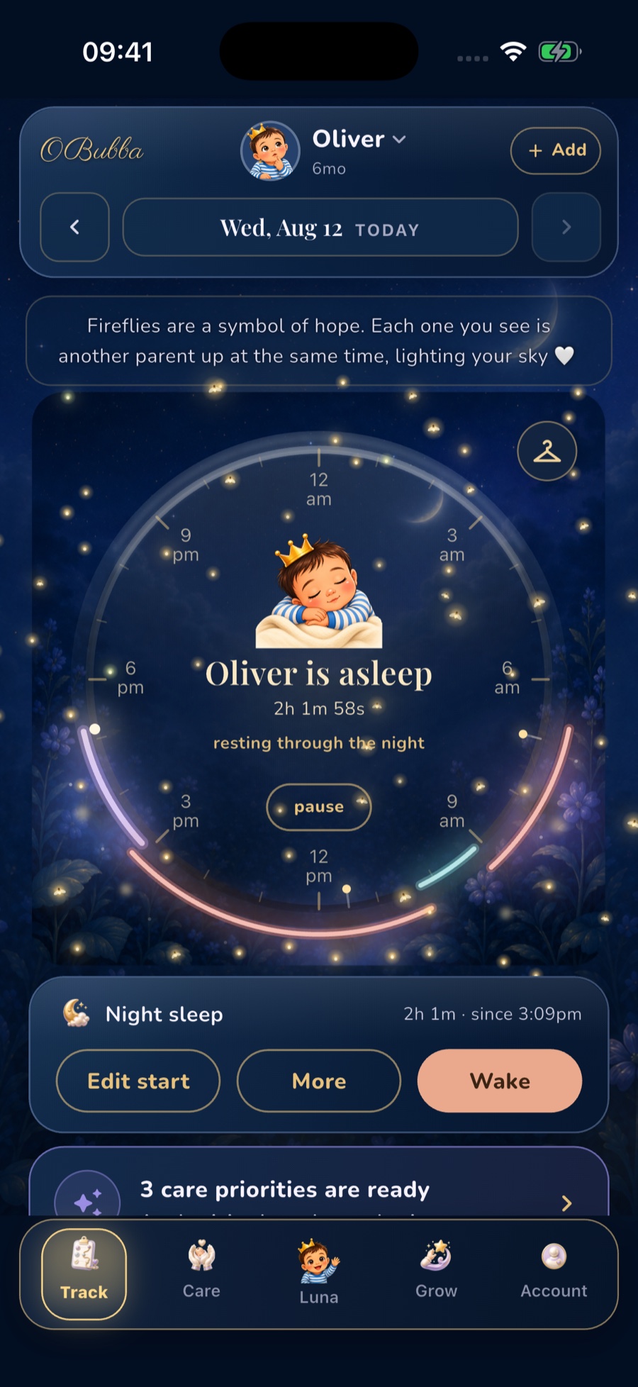 The genuine OBubba Track screen showing an active night-sleep timer, the baby's shared date timeline and live care priorities.