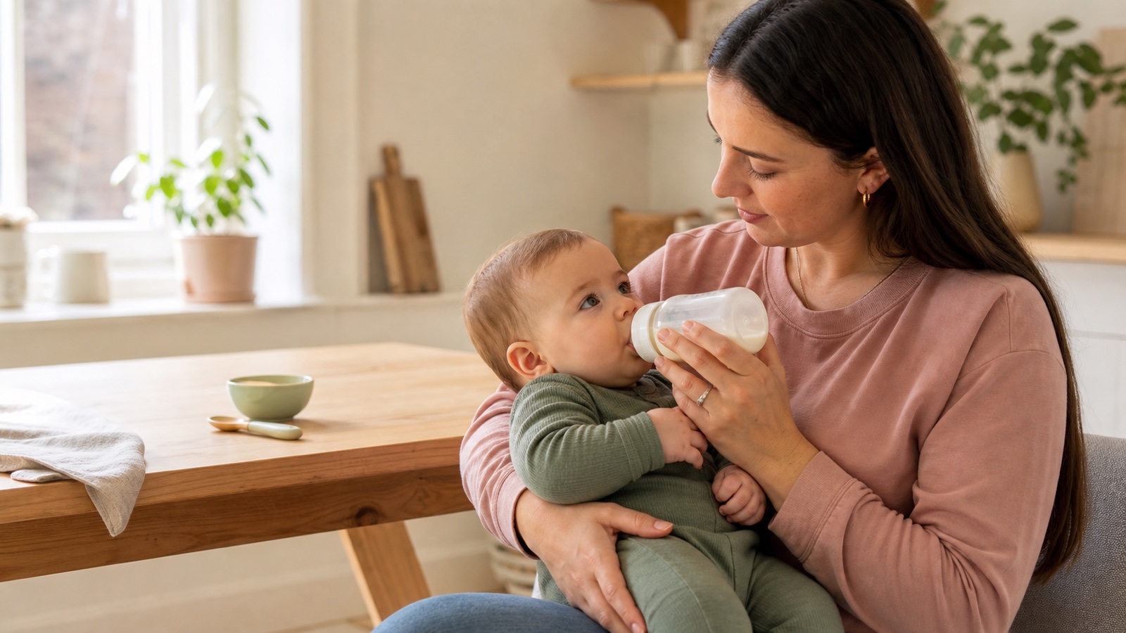 An attentive caregiver responsively bottle-feeds an alert baby in daylight, with a small first-foods bowl kept in the background.