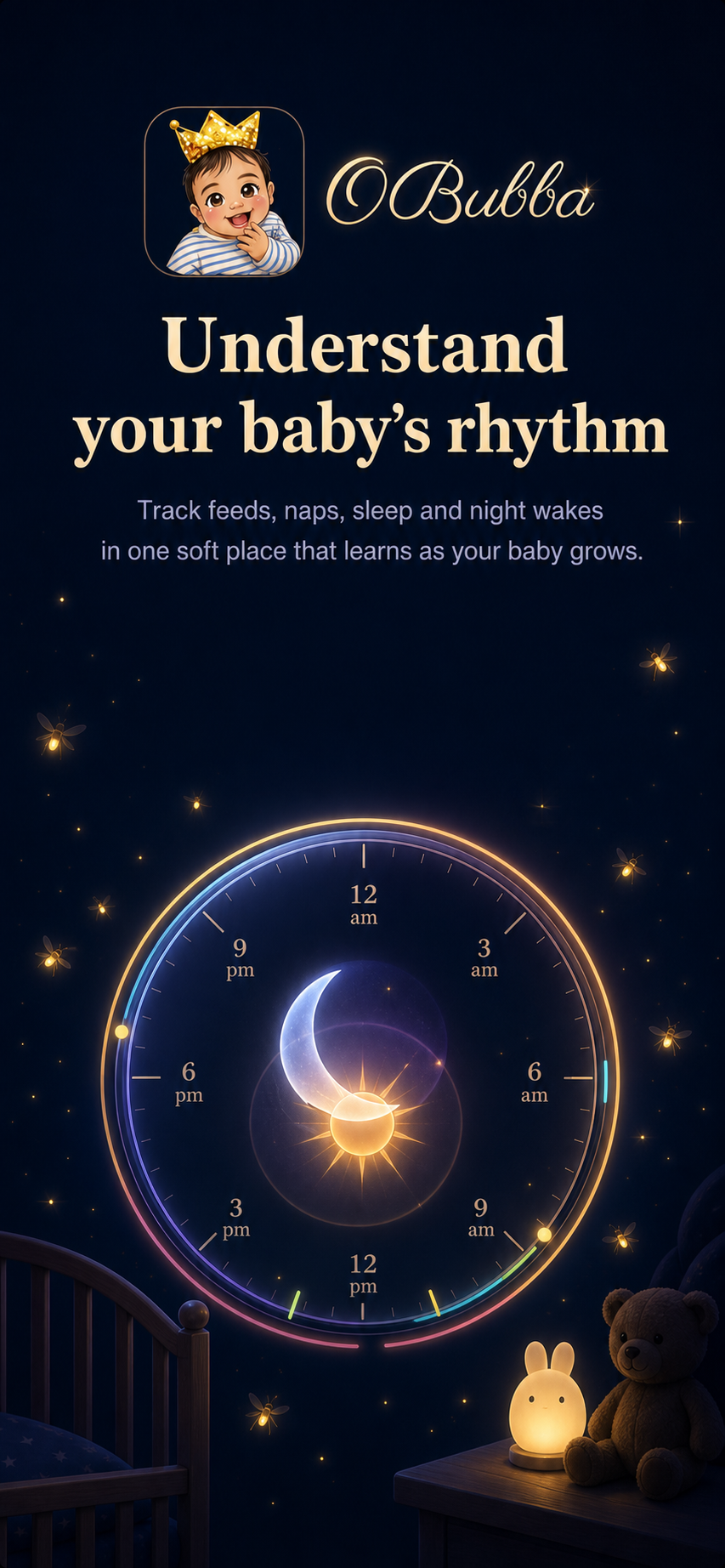 Official OBubba baby rhythm clock artwork with a glowing circular clock, moon, sun, coloured arcs, golden fireflies, dark nursery background, crib, rabbit lamp and teddy bear.