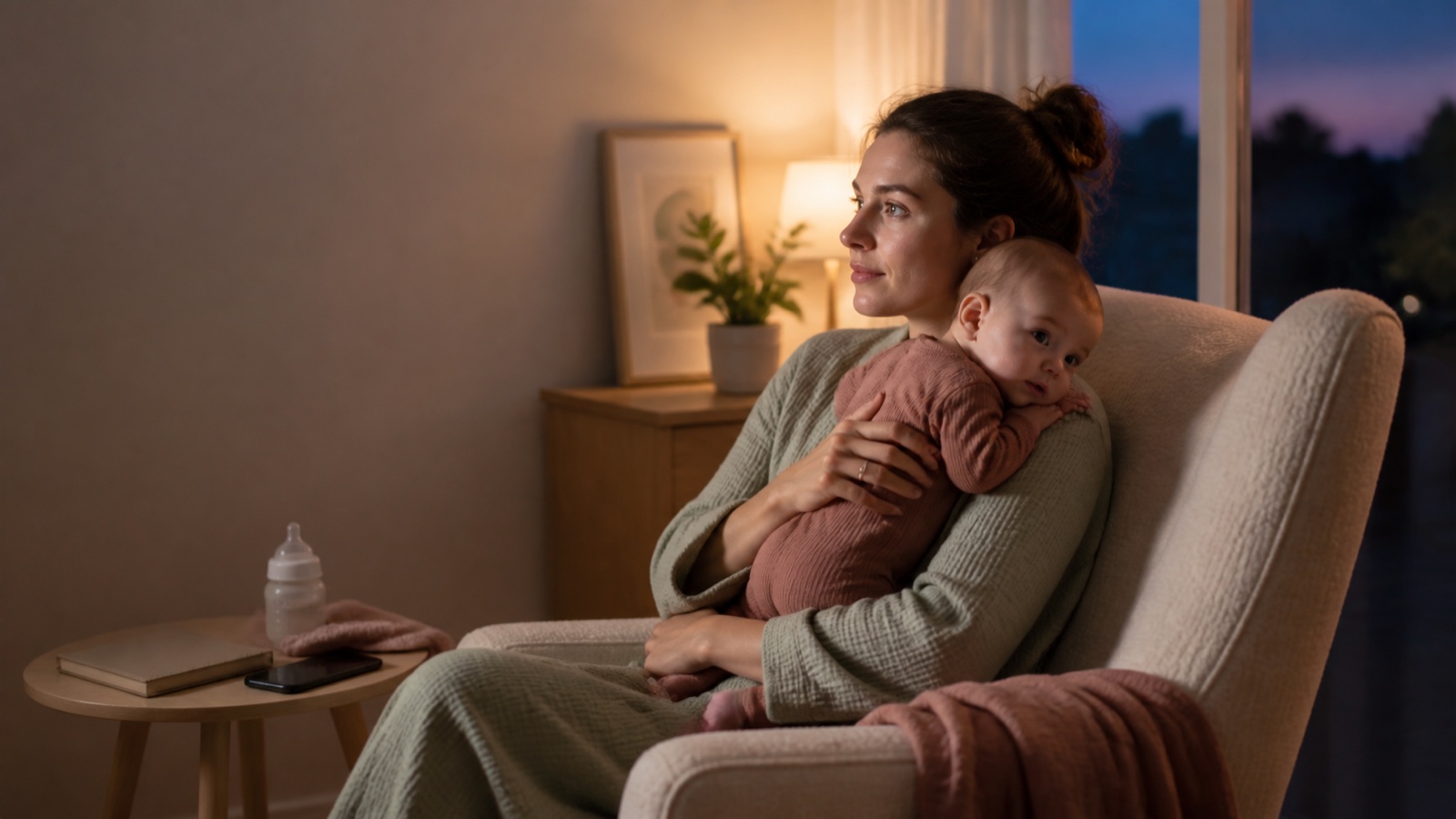 An alert parent securely holds a calm baby after an evening feed.