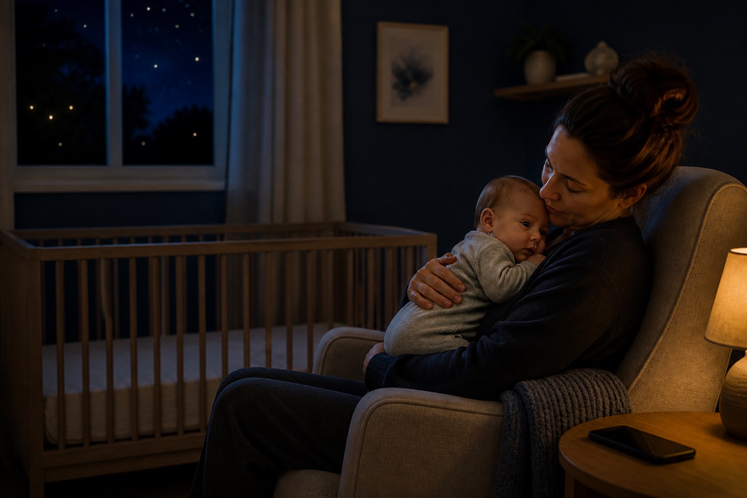 A parent holds an awake baby in a dim nursery while small lights glow beyond the window.