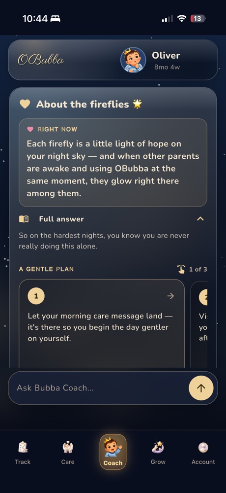 OBubba fireflies screen showing other parents awake at the same moment