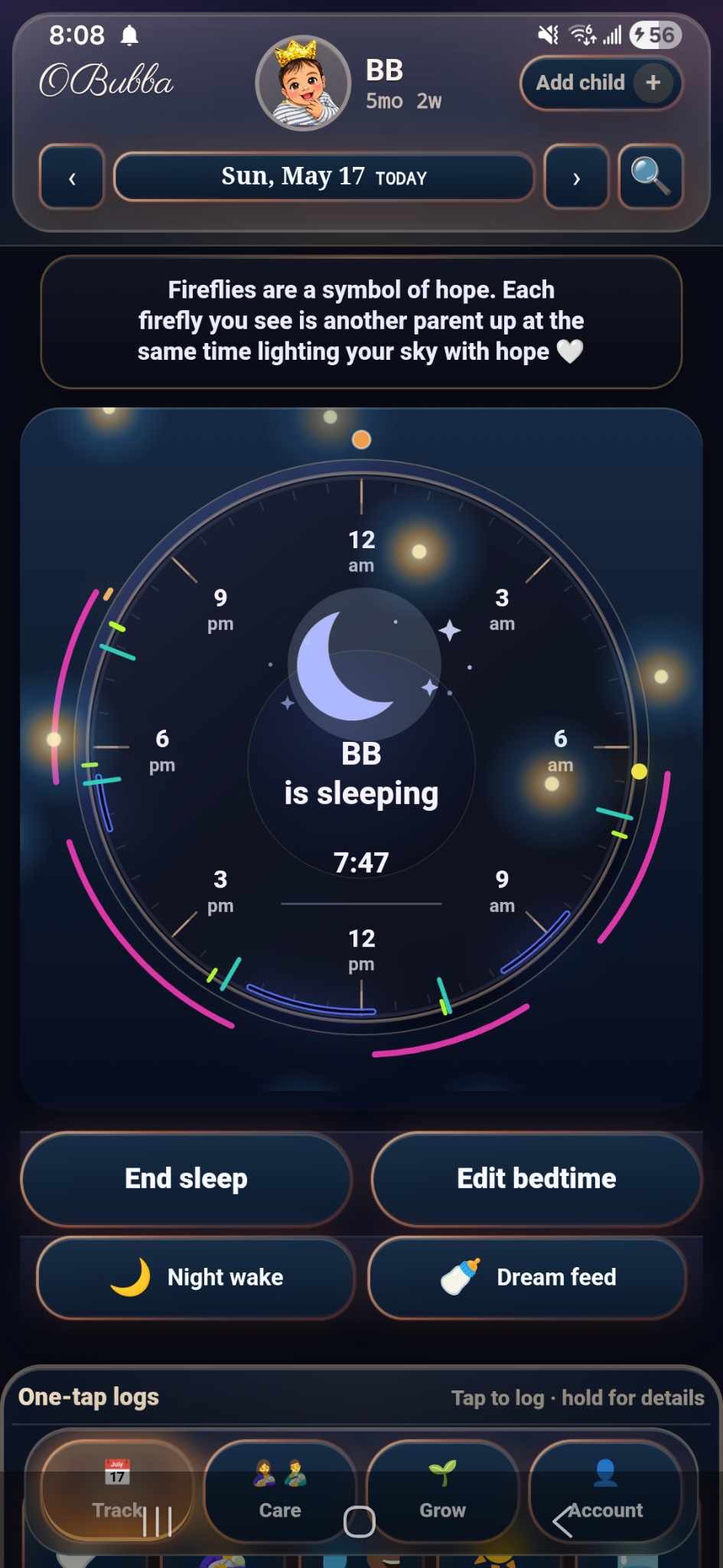 Official OBubba app screenshot showing the OBubba Fireflies message: "Fireflies are a symbol of hope. Each firefly you see is another parent up at the same time lighting your sky with hope." The message appears above the OBubba circular baby sleep clock.