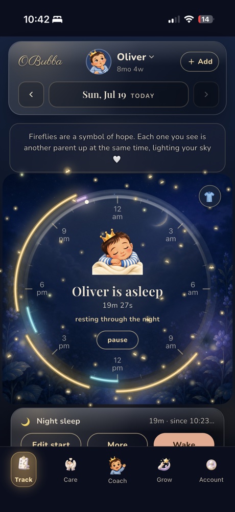 OBubba night-mode baby sleep clock: Oliver is asleep, resting through the night, with the fireflies hope message and golden fireflies glowing across a dark nursery night sky