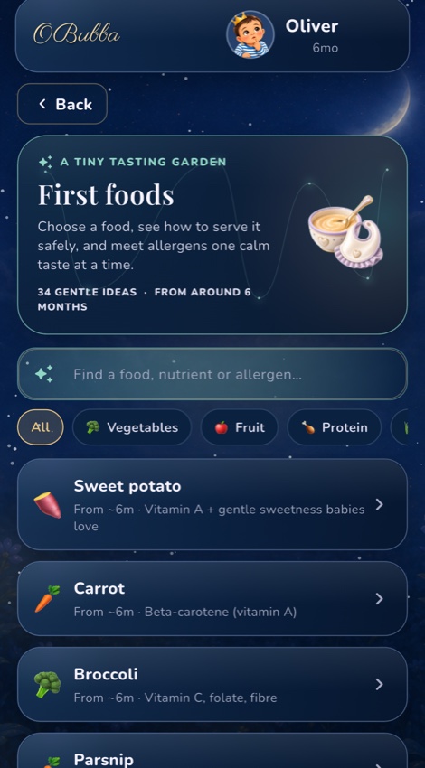 The current OBubba First Foods guide showing age-appropriate foods, nutrients and safe serving guidance for a baby beginning weaning