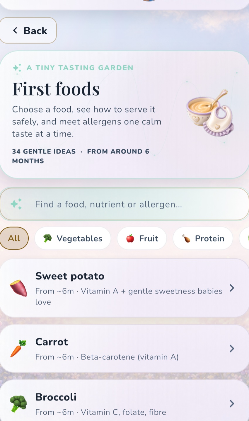OBubba's real First Foods catalogue, with a search field for finding a food, nutrient or allergen and 34 gentle ideas from around six months.
