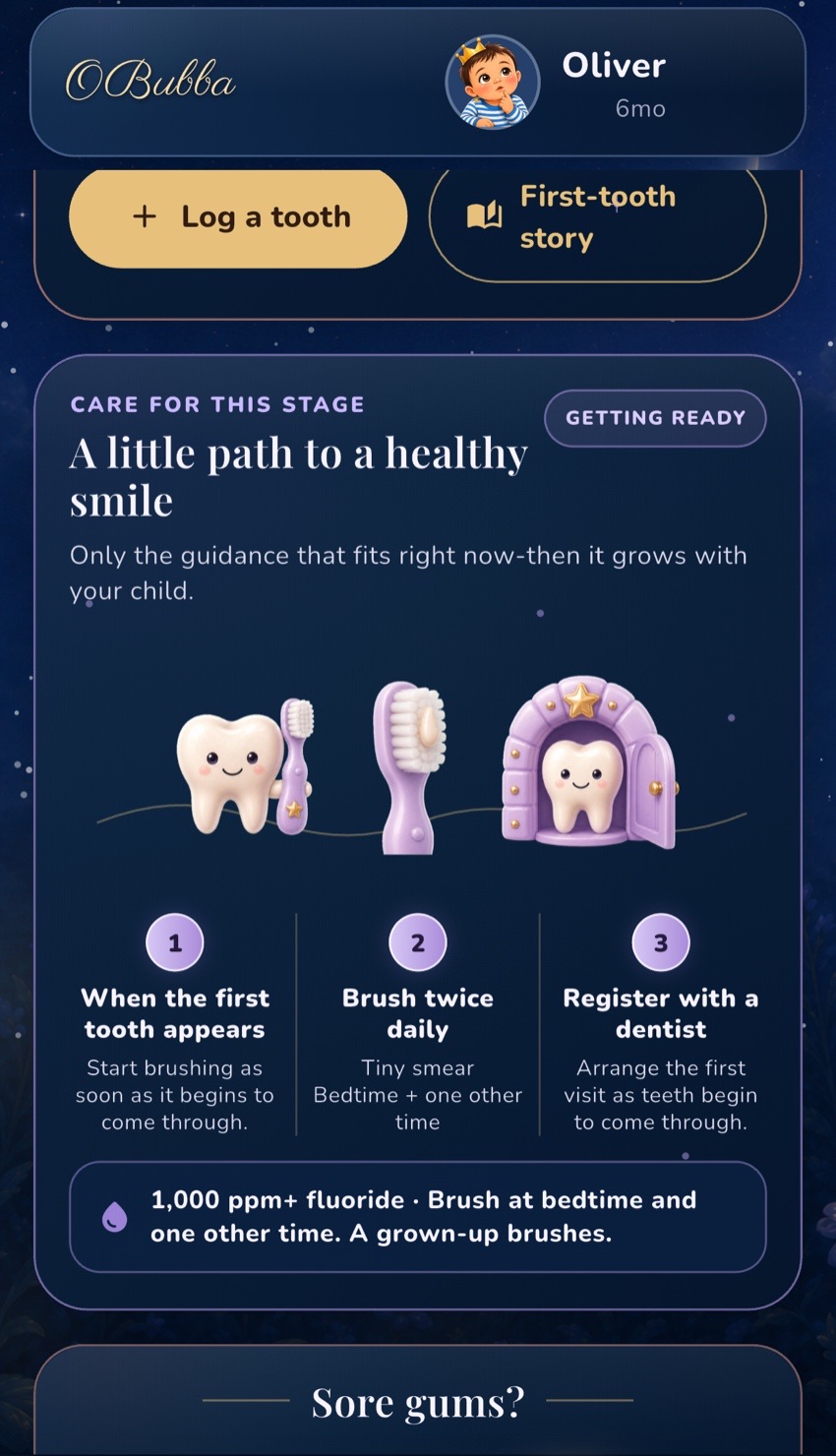 OBubba's current Teeth screen showing its first-tooth care path: start with the first tooth, brush twice daily and register with a dentist.