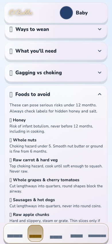 OBubba's real pre-weaning safety guide, opened to its Foods to avoid section.