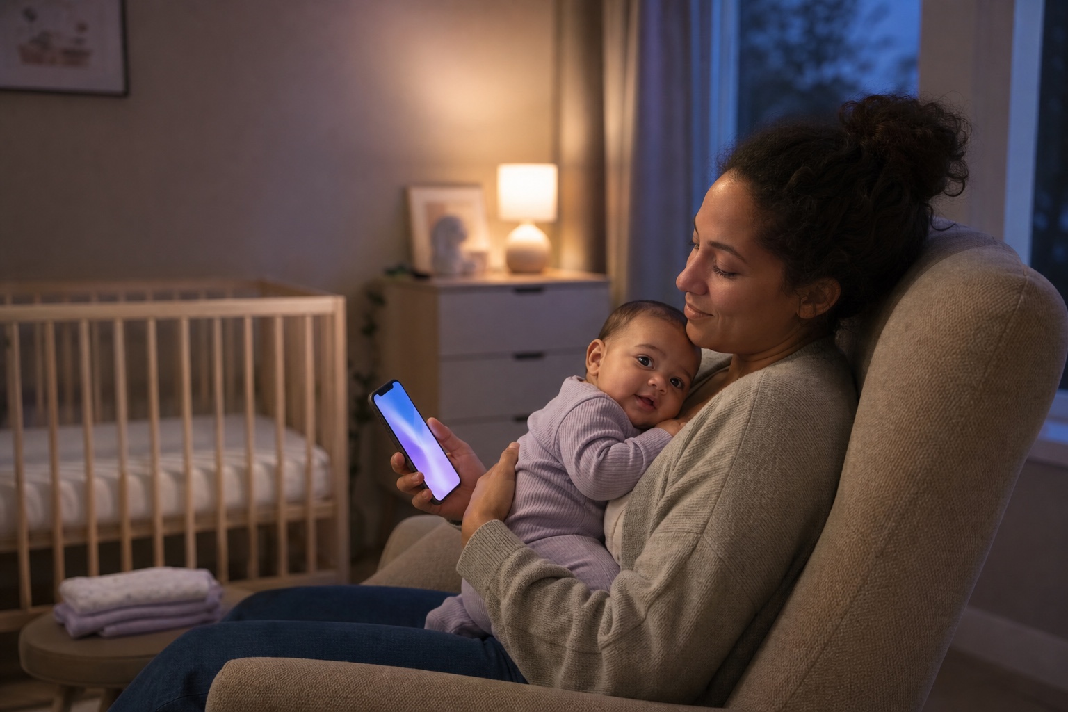 A parent checks a baby-care app during a quiet evening cuddle with an awake baby.