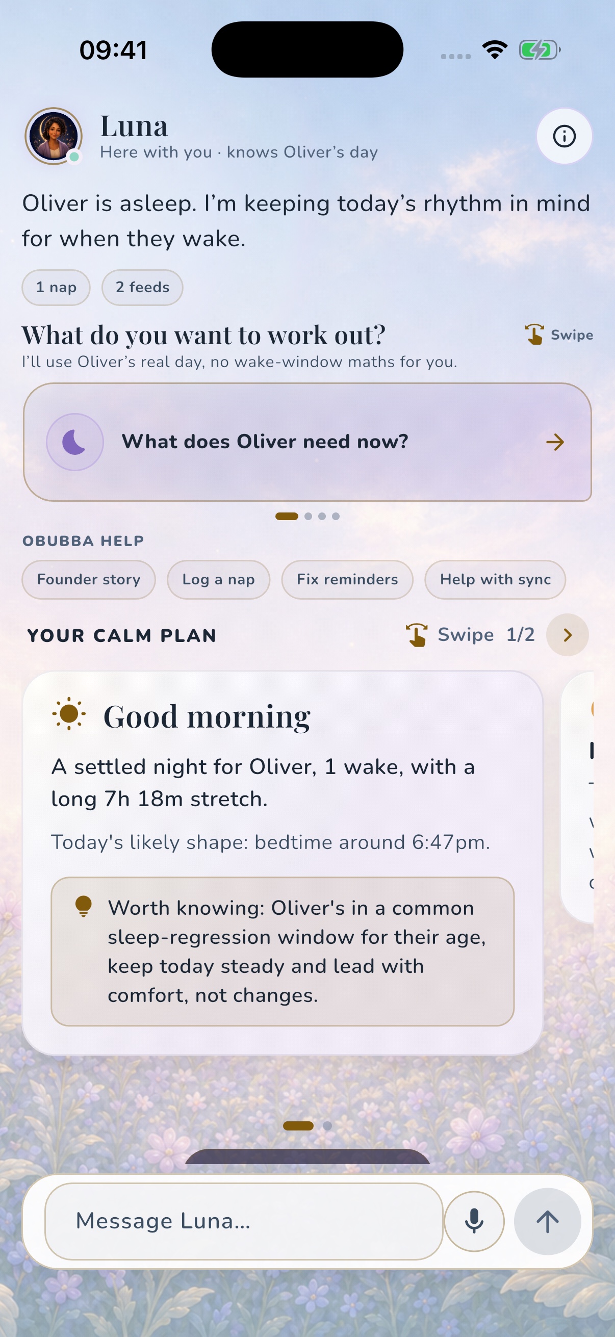 A real OBubba Coach screen showing a Good morning card with one wake, a 7 hour 18 minute longest stretch, a likely bedtime and a sleep-regression comfort note.