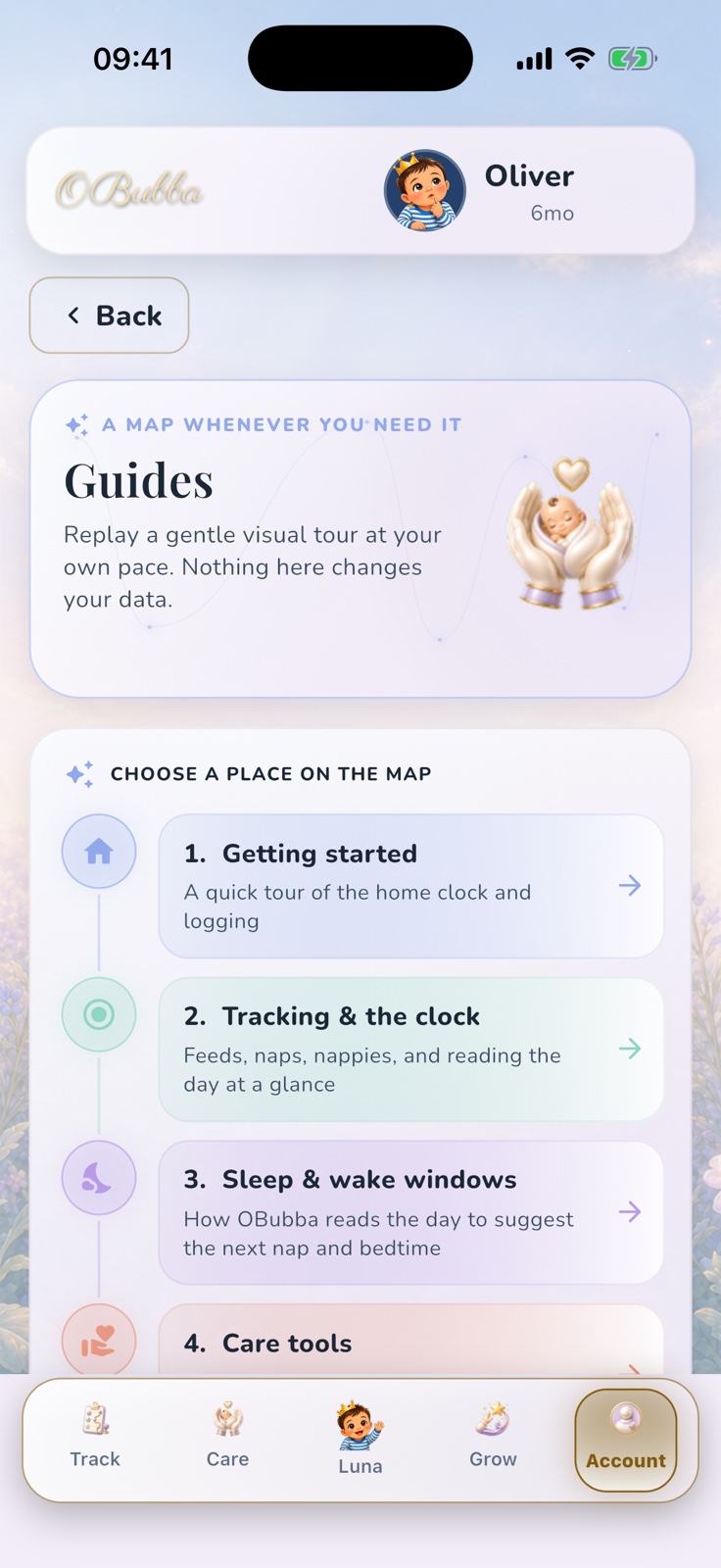 The genuine current OBubba Guides screen showing the first lanes in its six-part app map.