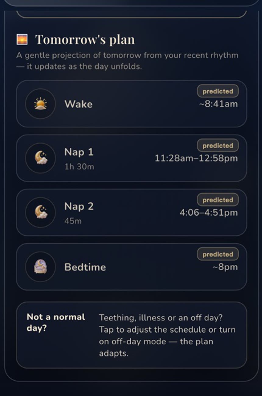The current OBubba Tomorrow's plan shows two projected naps, their different expected lengths, a predicted bedtime and a clear route for teething, illness or an off day.