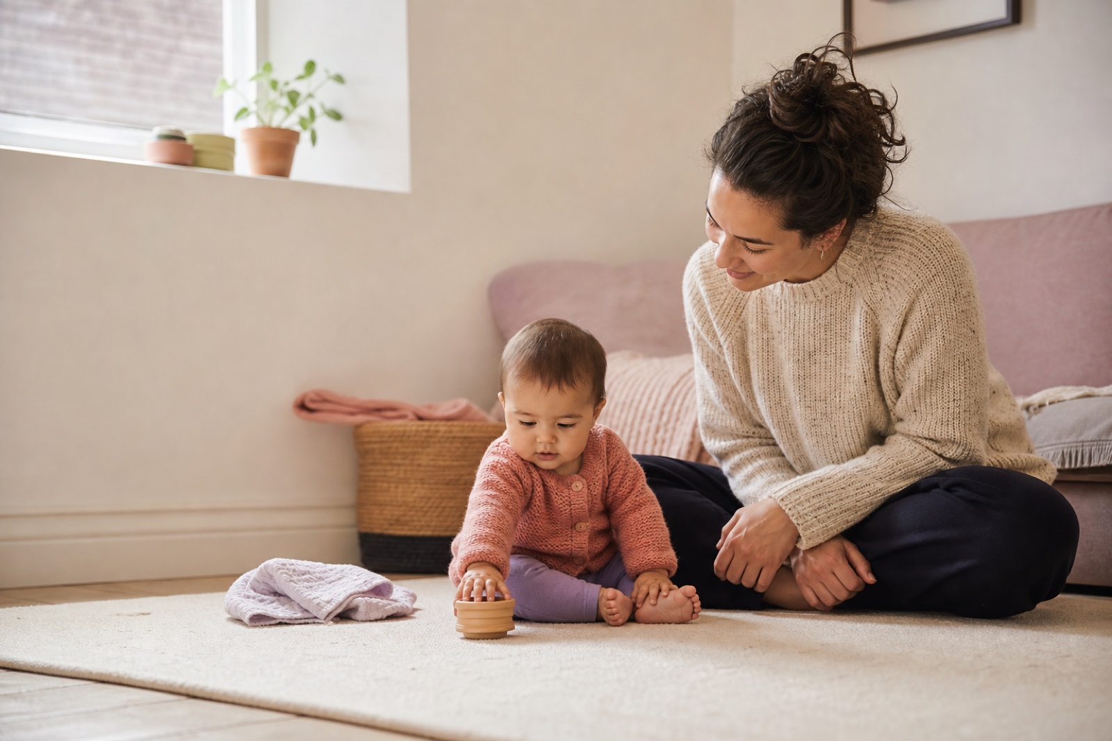 A parent pauses and follows an awake baby’s interest in one simple stacking cup during relaxed floor play.