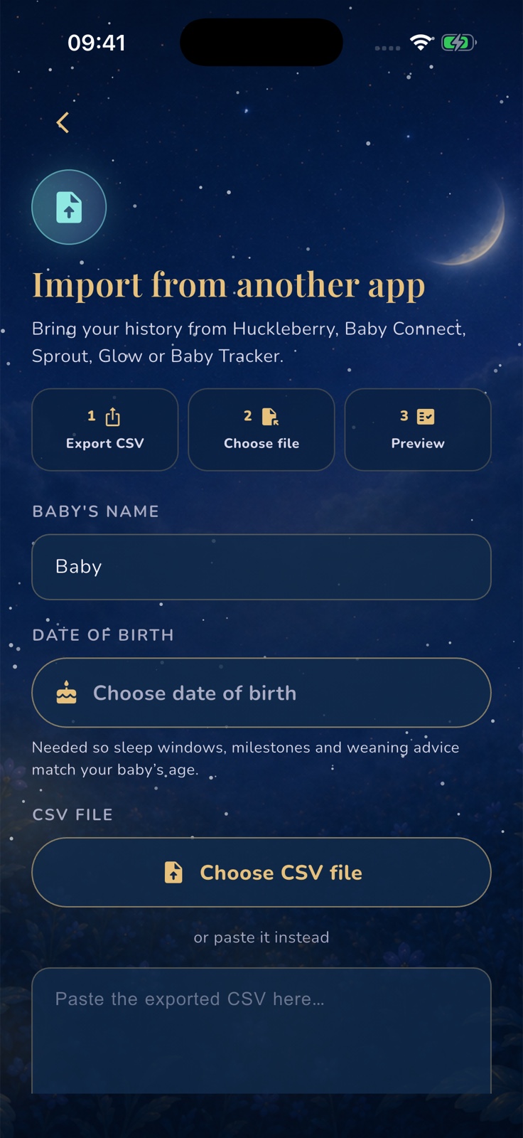 OBubba's current Import from another app screen listing Huckleberry, Baby Connect, Sprout, Glow and Baby Tracker, followed by Export CSV, Choose file and Preview steps.