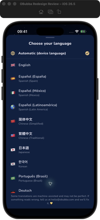 The current OBubba language picker showing automatic device language, English, three Spanish choices, Simplified and Traditional Chinese, Japanese, Korean, Portuguese and German, with more languages available by scrolling.