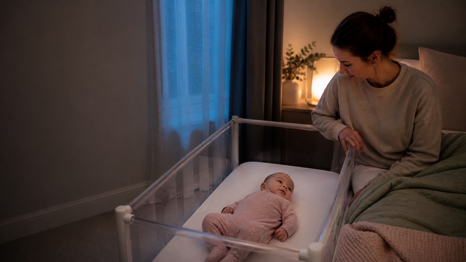 An awake, content baby lies on their back in a clear cot while a responsive parent stays close by.