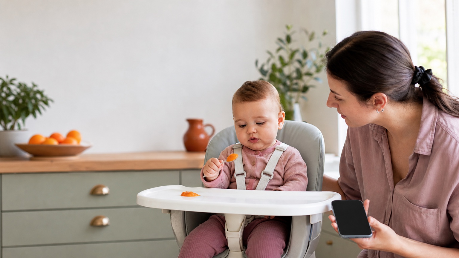 A parent watches their baby explore one soft new food before recording an honest response.