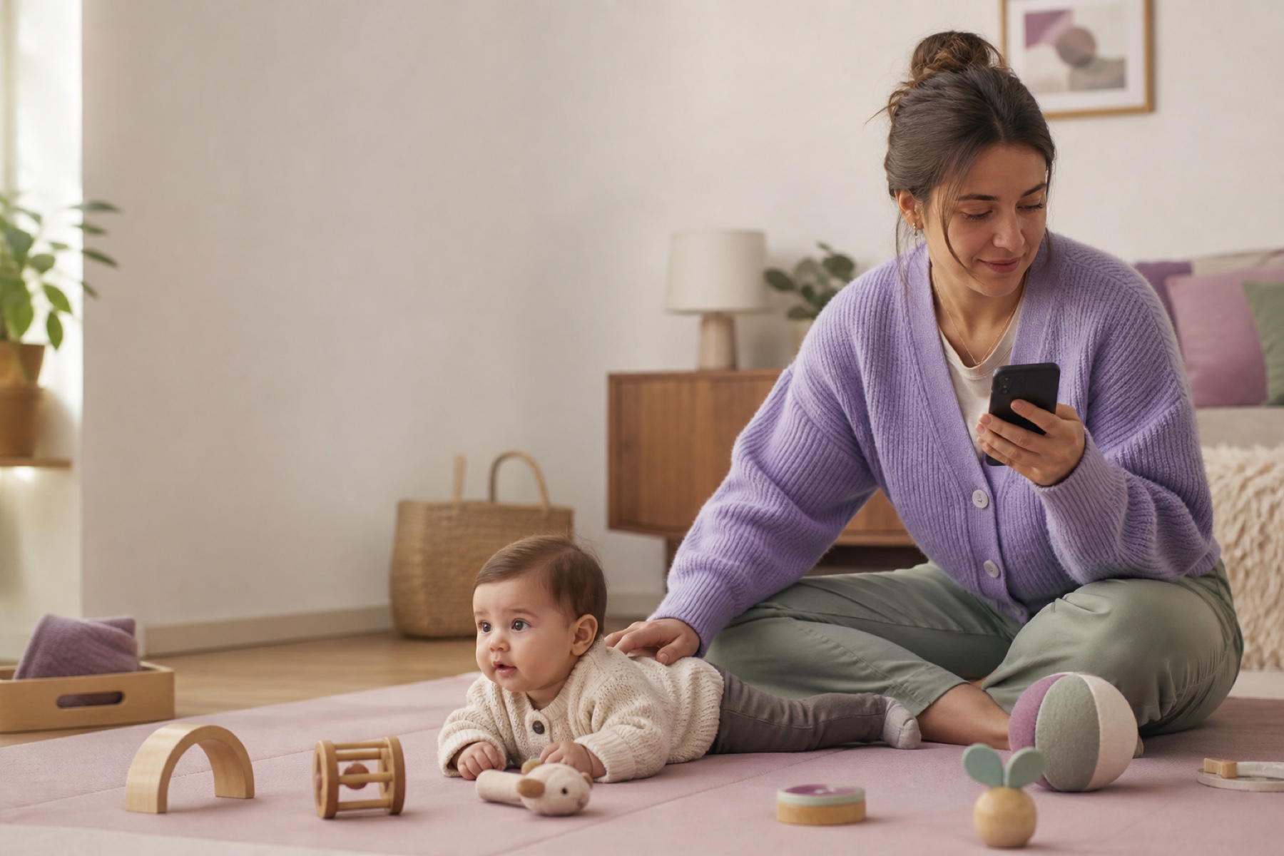 A parent briefly checks a phone while staying beside an awake baby doing supervised floor play.