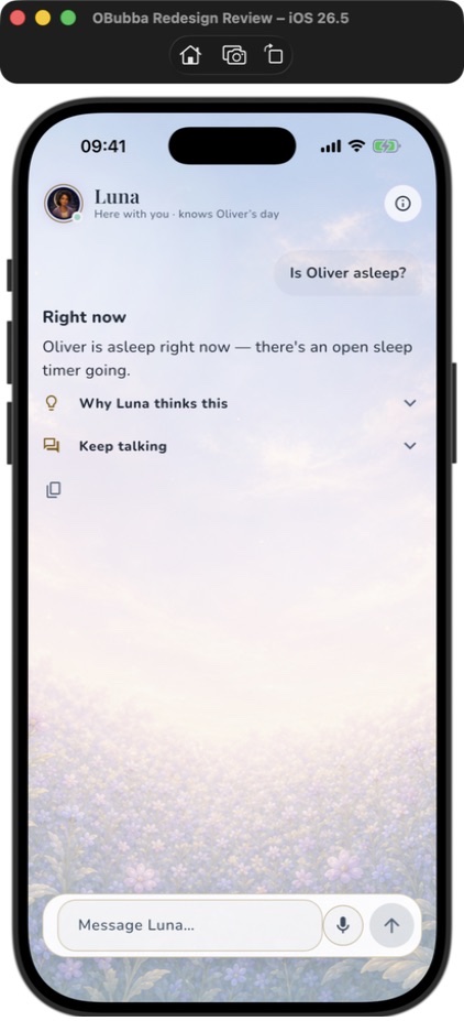 The genuine OBubba Luna screen answering “Is Oliver asleep?” with “Oliver is asleep right now — there’s an open sleep timer going.”