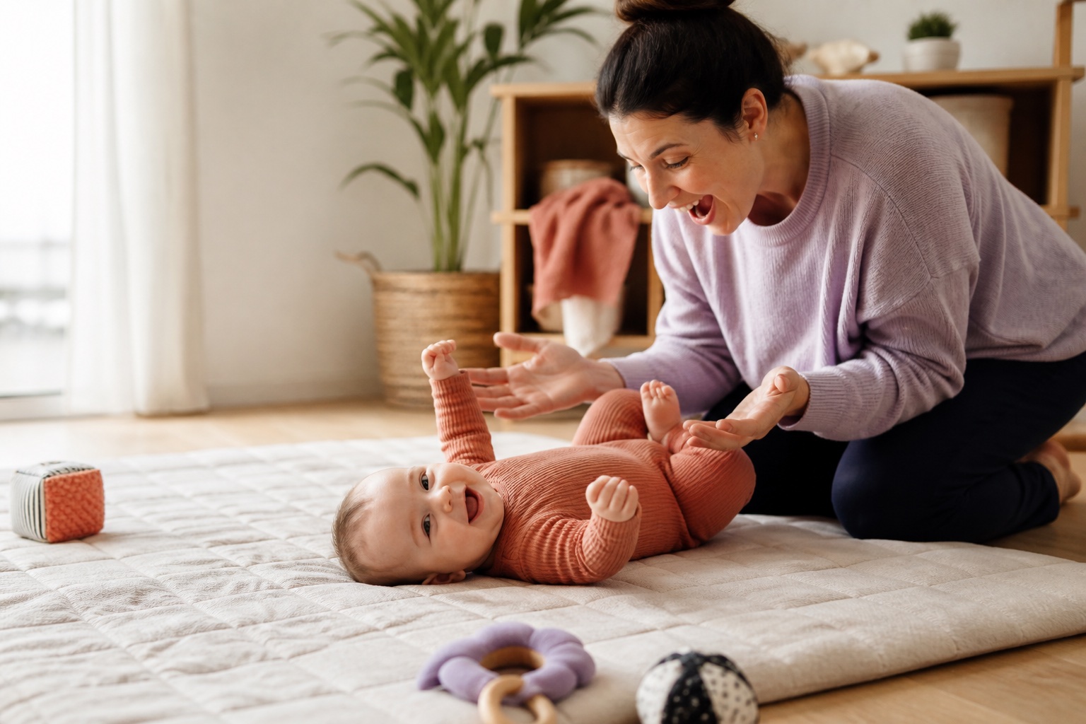 A parent and awake baby sharing a joyful floor-play moment after the baby rolls onto their back.