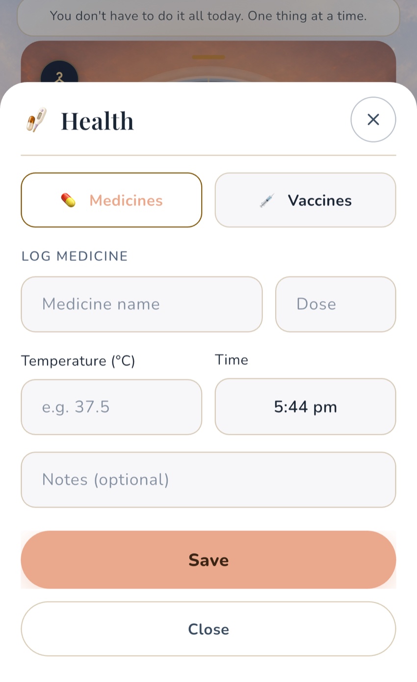 The real OBubba Health sheet records medicine name, parent-entered dose, temperature and time.