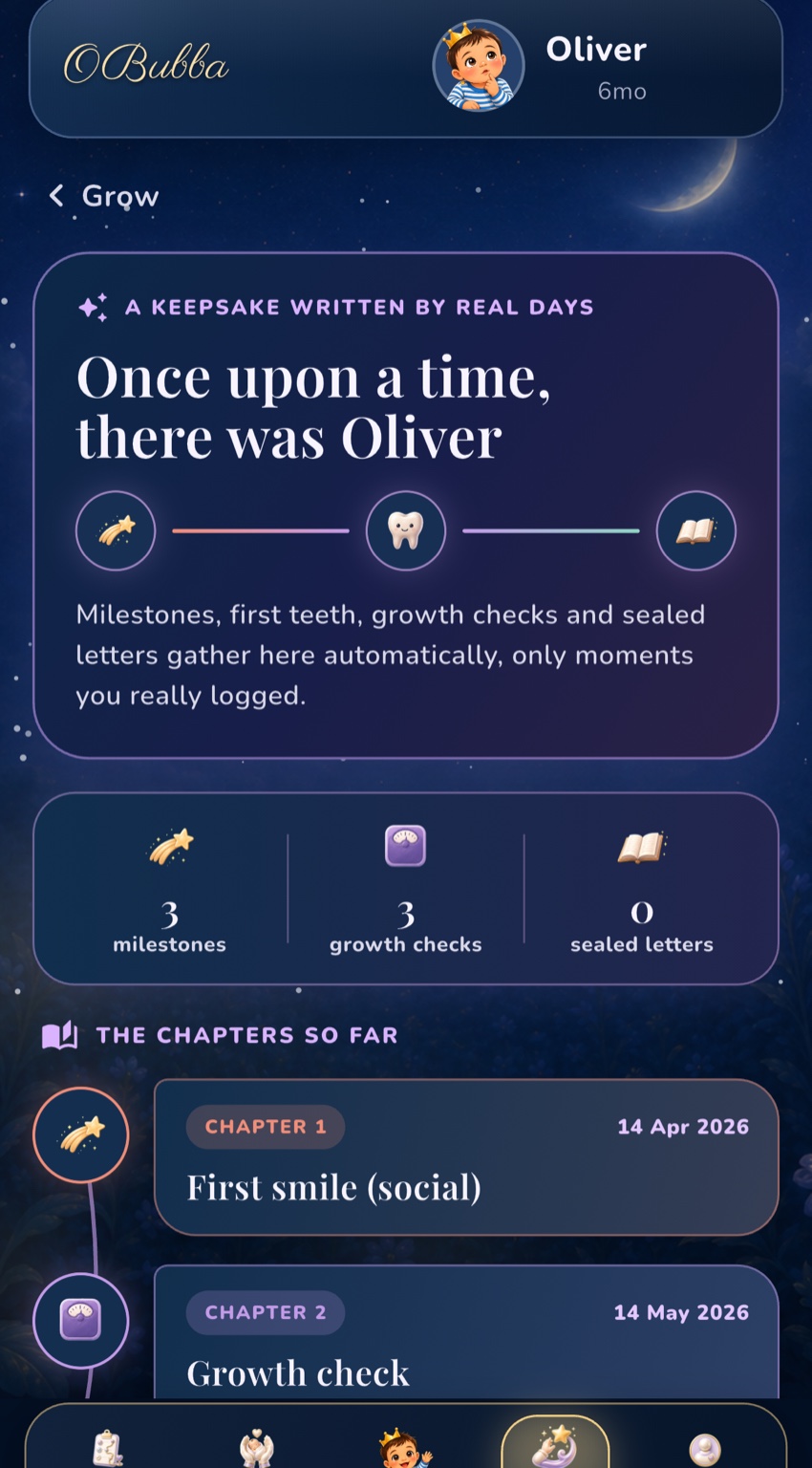 OBubba’s current Memory Book showing automatic source counts and dated chapters for a fictional example child.