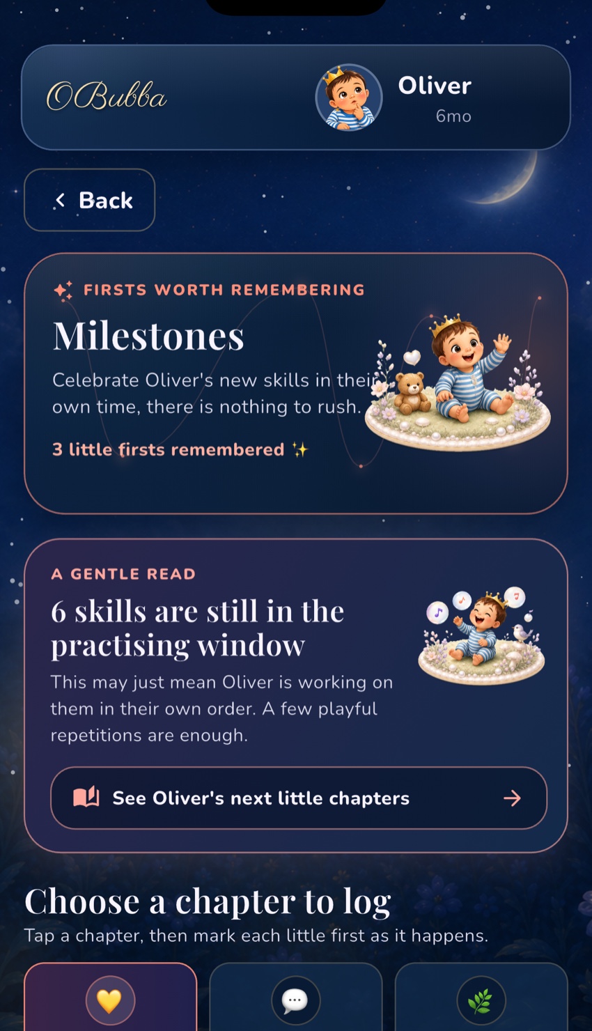 Official OBubba screenshot showing remembered milestones and a gentle practising-window route to upcoming developmental chapters.